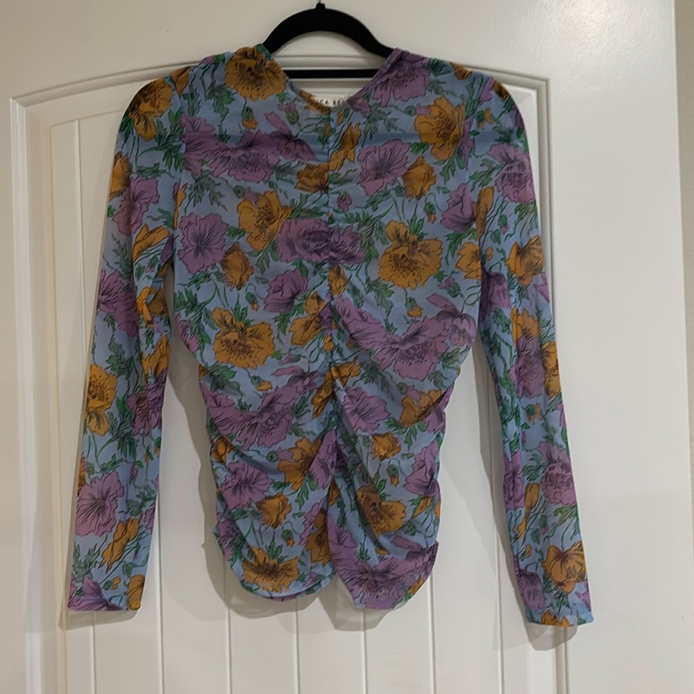 Veronica Beard Orange and Yellow Ruched Long Sleeve Blouse